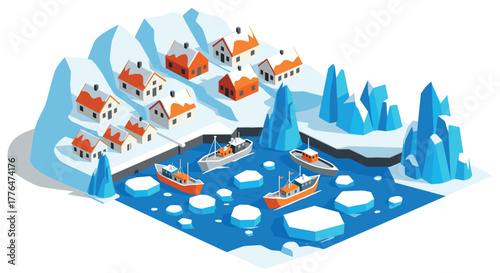 Charming isometric winter village with icy waters and fishing boats in scenic arctic landscape
