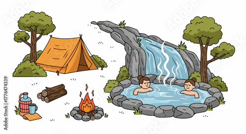 Camping scene with waterfall and hot spring relaxation