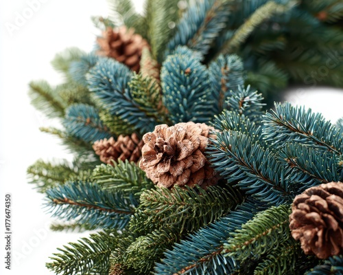 Christmas Wreath At Angle. Closeup of Green Spruce and Pine Cone Decorative Chaplet