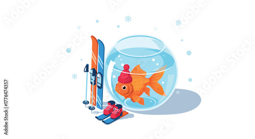 Whimsical winter adventure goldfish with skis in a snowy wonderland