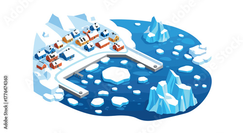 Isometric winter scene colorful arctic village by frozen water with icebergs