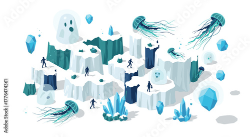 Isometric ice world adventure with explorers and jellyfish in a fantasy landscape