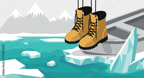 Adventure awaits yellow boots on arctic voyage with majestic icebergs and mountainous horizon