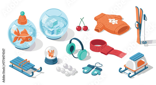 Isometric winter sports and cozy accessories collection with cute elements
