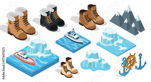 Winter travel elements in isometric style featuring footwear, mountains, and icebergs