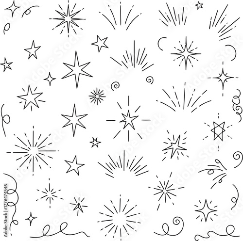 Sparkler & Firework Line Doodles — festive stroke icons on a clean white background, thin outlines, twinkles, bursts, swirls, confetti and stars arranged as a tidy editable collection for party 