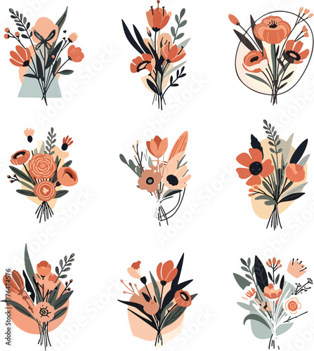 Floral Vase Bundle — nine charming folk-style flower arrangements in rounded vases, warm earthy palette, soft shapes and subtle texture, perfect for postcards, branding, and cozy home decor thumbnails