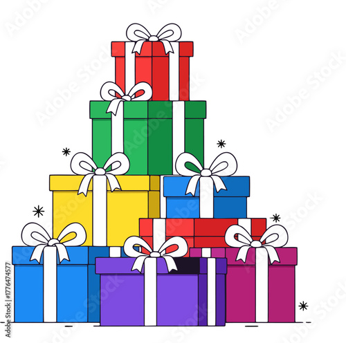 Stacked Gift Boxes with Bows — colorful present illustration, tidy outlines and ribbon details, cheerful holiday thumbnail for Christmas, birthdays, and celebration marketing