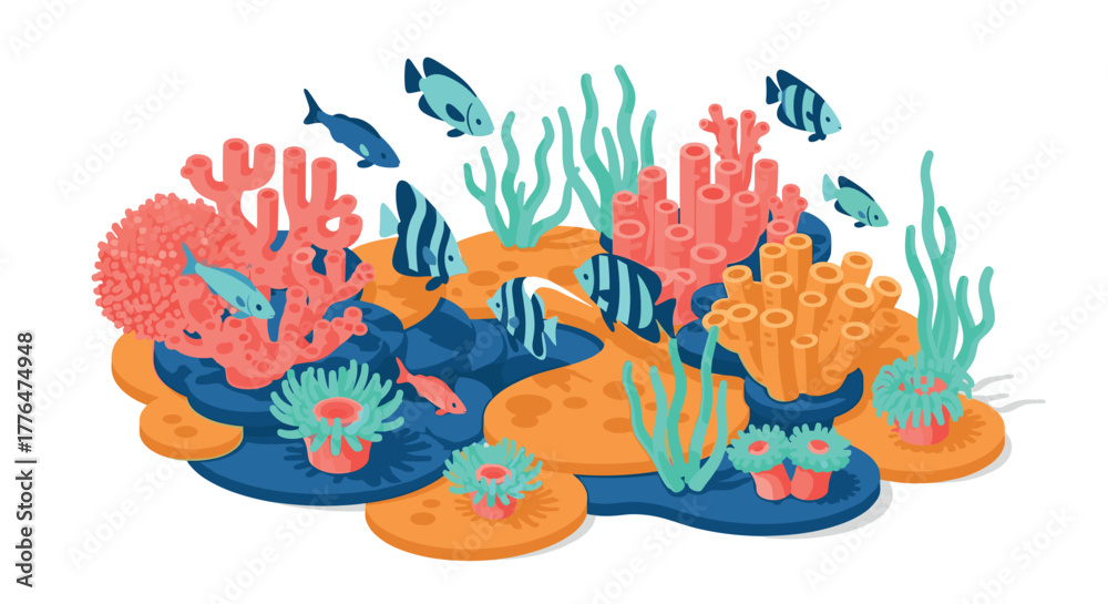 Fototapeta premium Colorful isometric coral reef scene with tropical fish and marine plants