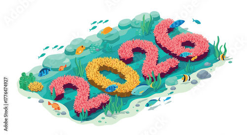 Colorful underwater coral reef displaying year 2026 with vibrant marine life