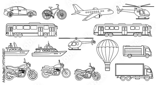 Line art illustration of various modes of transportation for coloring book