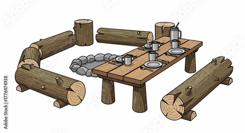 Rustic outdoor dining setup with tableware and logs