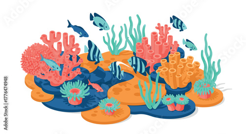 Colorful isometric coral reef scene with tropical fish and marine plants
