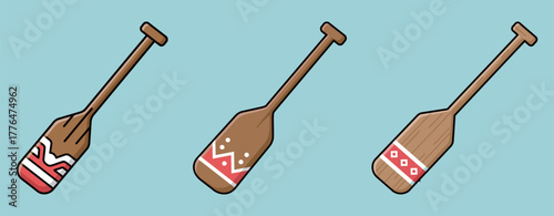 Wooden Canoe Paddles Set with Indigenous Pattern Flat Vector Illustration