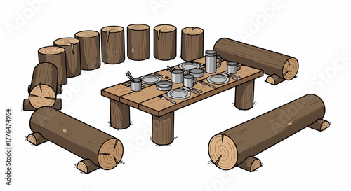 Rustic wooden table setting with log chairs
