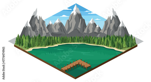 Isometric mountain lake scene with pine forest and wooden dock