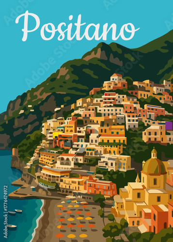 Positano, uno dei borghi più iconici della Costiera Amalfitana. L’immagine mostra le caratteristiche case colorate arrampicate sulla scogliera, la spiaggia con ombrelloni e il mare turchese.