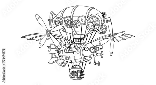 Steampunk airship with propellers and gears detailed line art design