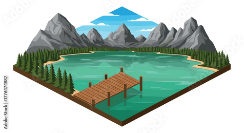 Isometric mountain lake scene with wooden pier and pine trees