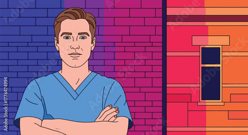 Cartoon doctor illustration with building background and brick wall editable vector