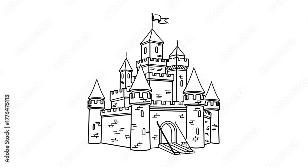 Obraz premium Hand drawn castle, a whimsical illustration of a medieval fortress with towers