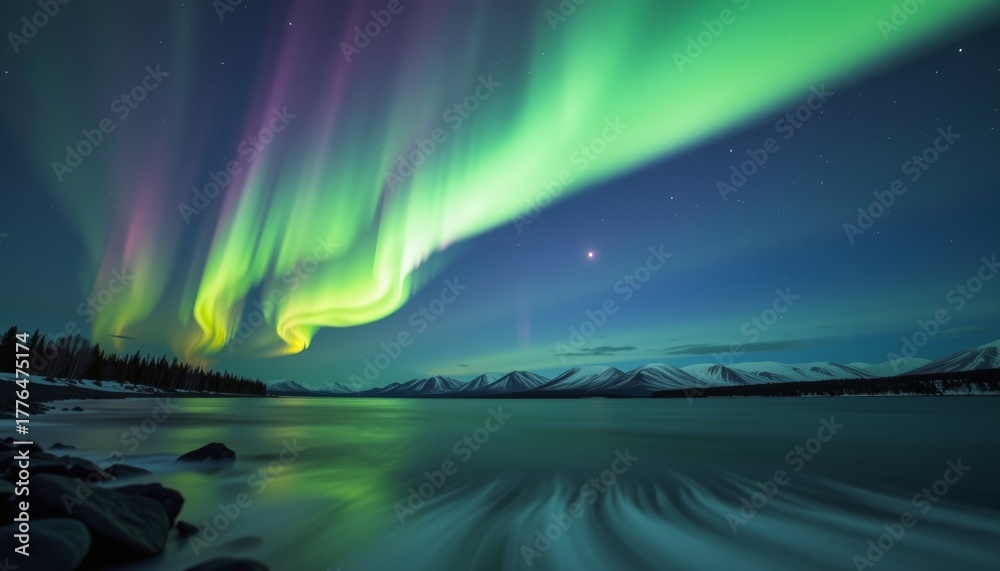 Naklejka premium Stunning aurora borealis display arctic landscape nature photography night sky panoramic view vibrant green and purple colors