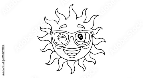 Cartoon sun with sunglasses winking and smiling for coloring page