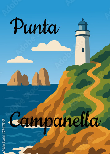 Punta Campanella, la punta estrema della Penisola Sorrentina, con il faro bianco affacciato sul mare e i Faraglioni di Capri all’orizzonte. 