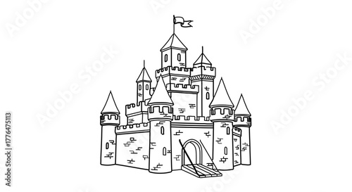 Hand drawn castle, a whimsical illustration of a medieval fortress with towers