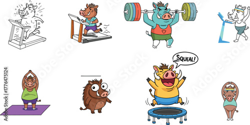 Cartoon pigs doing fitness activities, treadmill, yoga, weightlifting, trampoline, playful workout scenes, vector animals, comic style, cad drawing flat vector illustration