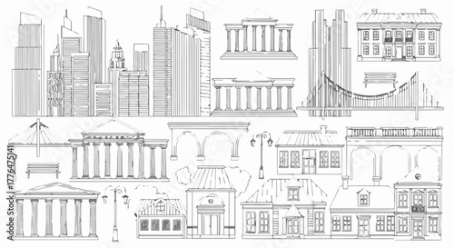 Collection of architectural landmarks and buildings in line art