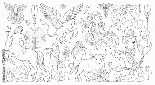 Mythological creatures coloring page with centaur, griffin, hydra, minotaur