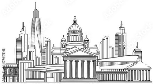 City skyline with modern buildings and classical architecture