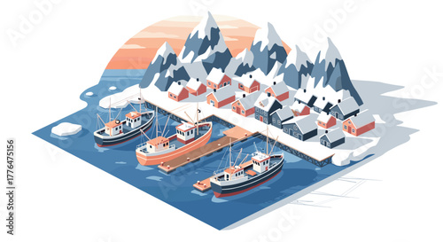 Isometric coastal village with snowy mountains and boats under a winter sunset