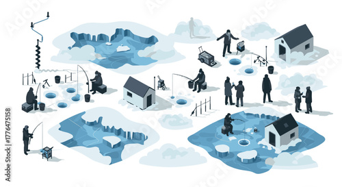 Winter ice fishing scenes people, gear, and frozen lakes in isometric style