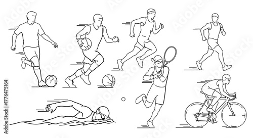 Various sports icons, including soccer, basketball, running, tennis, swimming, and cycling