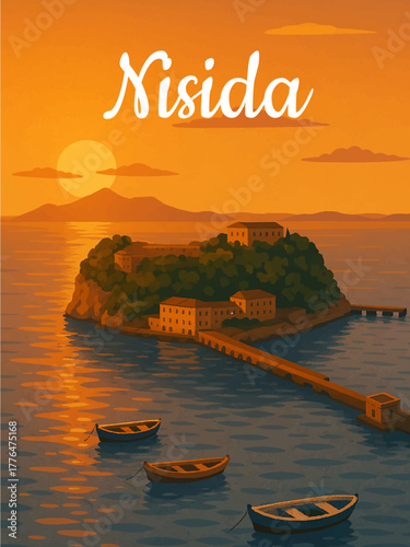 Illustrazione vettoriale dell’isola di Nisida al tramonto, vista dal mare con piccole barche illuminate dalla luce calda del sole. L’immagine cattura la bellezza mediterranea e l’atmosfera tranquilla.