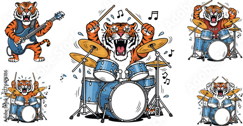 Cartoon tigers playing musical instruments, drum set, electric guitar, energetic performance, vector animals, comic style, cad drawing flat vector illustration