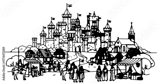 Illustration of a medieval castle with a village, , showcasing a historical setting