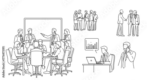 Business meeting and office activities illustration, , showcasing teamwork and communication