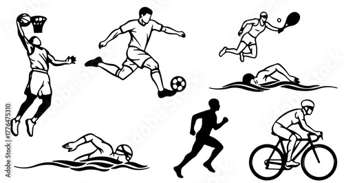 A collection of various sports figures in action, including basketball, soccer, tennis, swimming, and cycling