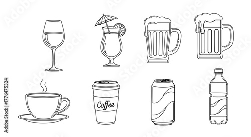 Collection of various drinks in outline style for coloring book page