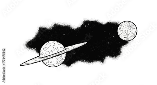 Hand drawn illustration of a planet with rings and another planet in space
