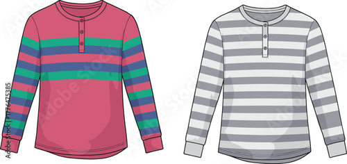 Henley shirt illustration, striped long sleeve top, casual fashion sketch, menswear design, vector apparel, textile mockup, garment template, stylish outfit