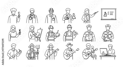 Collection of people with different occupations, representing various professions