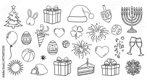 Hand drawn holiday icons, including christmas, easter, hanukkah, and new years