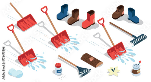 Winter cleaning equipment in isometric style featuring shovels, boots, snowballs, and more