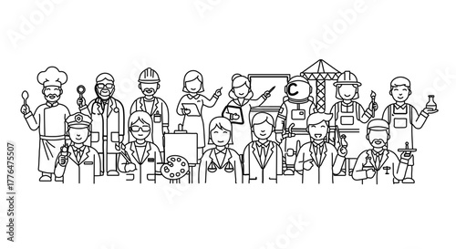 Diverse group of professionals standing together, representing various occupations and industries