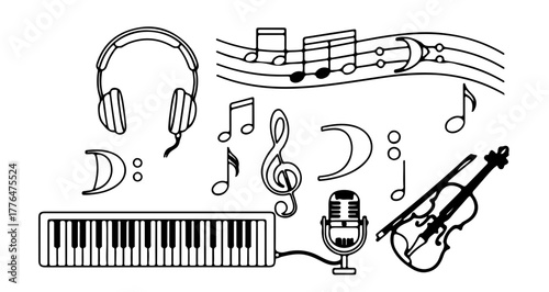 Musical instruments and notes, representing music, sound, and artistic expression