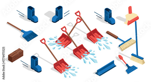 Isometric winter cleaning tools and snow collection